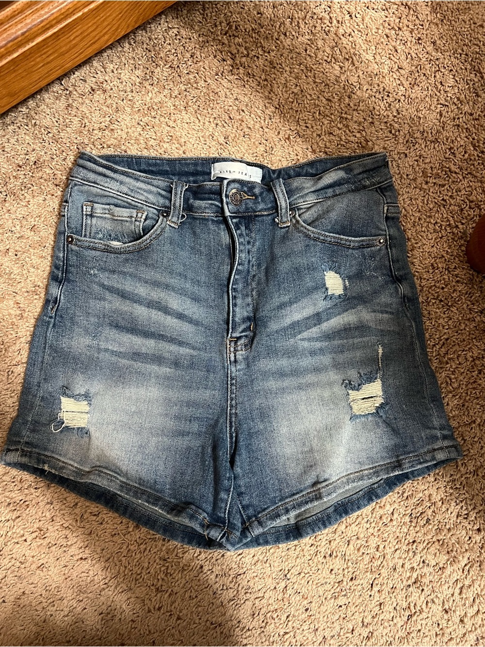 High-Rise Distressed Denim Shorts - Blue